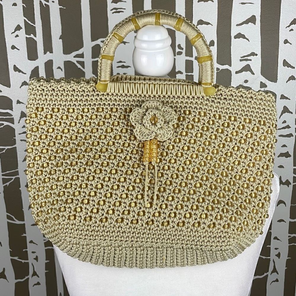 Vintage Unique Crochet Beaded Floral Appliqué Tote